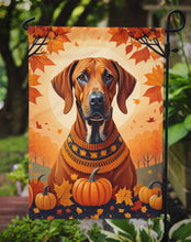 Load image into Gallery viewer, Rhodesian Ridgeback Fall Garden Flag – Dog Surrounded by Pumpkins &amp; Autumn Leaves
