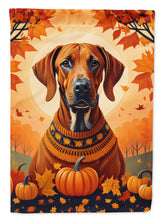 Load image into Gallery viewer, Rhodesian Ridgeback Fall Garden Flag – Dog Surrounded by Pumpkins &amp; Autumn Leaves