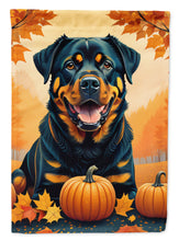 Load image into Gallery viewer, Rottweiler Fall Garden Flag – Dog Surrounded by Pumpkins &amp; Autumn Leaves