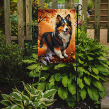 Load image into Gallery viewer, Sheltie Fall Garden Flag – Dog Surrounded by Pumpkins &amp; Autumn Leaves
