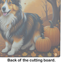 Load image into Gallery viewer, Sheltie Fall Glass Cutting Boards – Durable, Decorative Kitchen Art Large