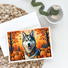 Load image into Gallery viewer, Siberian Husky Fall Greeting Cards -  Blank Note Cards – 8-Pack of Artist-Designed Cards with Envelopes