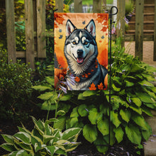 Load image into Gallery viewer, Siberian Husky Fall Garden Flag – Dog Surrounded by Pumpkins &amp; Autumn Leaves
