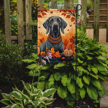 Load image into Gallery viewer, Weimaraner Fall Garden Flag – Dog Surrounded by Pumpkins &amp; Autumn Leaves