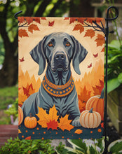 Load image into Gallery viewer, Weimaraner Fall Garden Flag – Dog Surrounded by Pumpkins &amp; Autumn Leaves