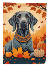 Load image into Gallery viewer, Weimaraner Fall Garden Flag – Dog Surrounded by Pumpkins &amp; Autumn Leaves