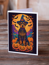Load image into Gallery viewer, Airedale Terrier Witchy Halloween Greeting Cards -  Blank Note Cards – 8-Pack of Artist-Designed Cards with Envelopes