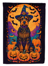 Load image into Gallery viewer, Airedale Terrier Witchy Halloween Garden Flag – Witch Dog with Pumpkins, Bats &amp; Jack-o'-Lanterns