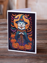Load image into Gallery viewer, American Eskimo Witchy Halloween Greeting Cards -  Blank Note Cards – 8-Pack of Artist-Designed Cards with Envelopes