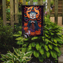 Load image into Gallery viewer, American Eskimo Witchy Halloween Garden Flag – Witch Dog with Pumpkins, Bats &amp; Jack-o'-Lanterns