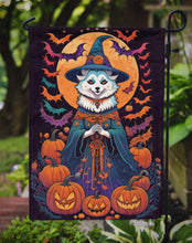 Load image into Gallery viewer, American Eskimo Witchy Halloween Garden Flag – Witch Dog with Pumpkins, Bats &amp; Jack-o'-Lanterns