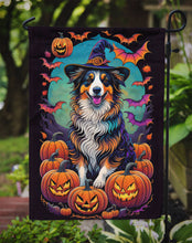 Load image into Gallery viewer, Australian Shepherd Witchy Halloween Garden Flag – Witch Dog with Pumpkins, Bats &amp; Jack-o'-Lanterns
