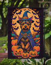 Load image into Gallery viewer, Australian Terrier Witchy Halloween Garden Flag – Witch Dog with Pumpkins, Bats &amp; Jack-o'-Lanterns