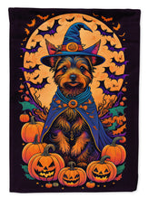 Load image into Gallery viewer, Australian Terrier Witchy Halloween Garden Flag – Witch Dog with Pumpkins, Bats &amp; Jack-o'-Lanterns