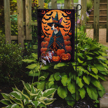 Load image into Gallery viewer, Basenji Witchy Halloween Garden Flag – Witch Dog with Pumpkins, Bats &amp; Jack-o'-Lanterns