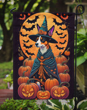 Load image into Gallery viewer, Basenji Witchy Halloween Garden Flag – Witch Dog with Pumpkins, Bats &amp; Jack-o'-Lanterns