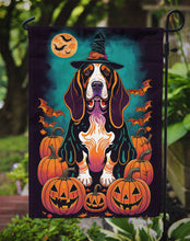 Load image into Gallery viewer, Basset Hound Witchy Halloween Garden Flag – Witch Dog with Pumpkins, Bats &amp; Jack-o'-Lanterns