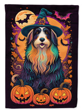 Load image into Gallery viewer, Bearded Collie Witchy Halloween Garden Flag – Witch Dog with Pumpkins, Bats &amp; Jack-o'-Lanterns