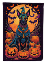 Load image into Gallery viewer, Belgian Malinois Witchy Halloween Garden Flag – Witch Dog with Pumpkins, Bats &amp; Jack-o'-Lanterns