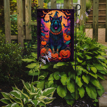 Load image into Gallery viewer, Belgian Sheepdog Witchy Halloween Garden Flag – Witch Dog with Pumpkins, Bats &amp; Jack-o'-Lanterns