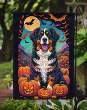 Load image into Gallery viewer, Bernese Mountain Dog Witchy Halloween Garden Flag – Witch Dog with Pumpkins, Bats &amp; Jack-o'-Lanterns