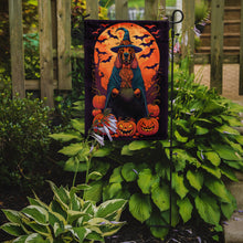 Load image into Gallery viewer, Bloodhound Witchy Halloween Garden Flag – Witch Dog with Pumpkins, Bats &amp; Jack-o'-Lanterns