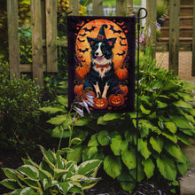 Load image into Gallery viewer, Border Collie Witchy Halloween Garden Flag – Witch Dog with Pumpkins, Bats &amp; Jack-o'-Lanterns