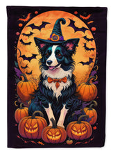 Load image into Gallery viewer, Border Collie Witchy Halloween Garden Flag – Witch Dog with Pumpkins, Bats &amp; Jack-o'-Lanterns