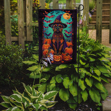 Load image into Gallery viewer, Border Terrier Witchy Halloween Garden Flag – Witch Dog with Pumpkins, Bats &amp; Jack-o'-Lanterns