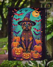 Load image into Gallery viewer, Border Terrier Witchy Halloween Garden Flag – Witch Dog with Pumpkins, Bats &amp; Jack-o'-Lanterns