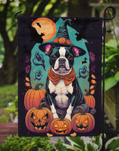 Load image into Gallery viewer, Boston Terrier Witchy Halloween Garden Flag – Witch Dog with Pumpkins, Bats &amp; Jack-o'-Lanterns