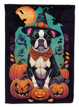 Load image into Gallery viewer, Boston Terrier Witchy Halloween Garden Flag – Witch Dog with Pumpkins, Bats &amp; Jack-o'-Lanterns