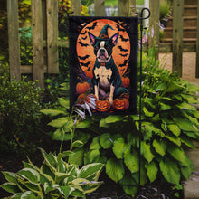 Load image into Gallery viewer, Boston Terrier Witchy Halloween Garden Flag – Witch Dog with Pumpkins, Bats &amp; Jack-o'-Lanterns