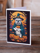 Load image into Gallery viewer, White English Bulldog Witchy Halloween Greeting Cards -  Blank Note Cards – 8-Pack of Artist-Designed Cards with Envelopes