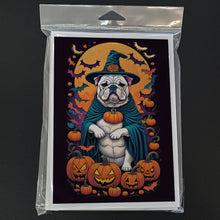 Load image into Gallery viewer, White English Bulldog Witchy Halloween Greeting Cards -  Blank Note Cards – 8-Pack of Artist-Designed Cards with Envelopes