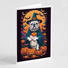 Load image into Gallery viewer, White English Bulldog Witchy Halloween Greeting Cards -  Blank Note Cards – 8-Pack of Artist-Designed Cards with Envelopes