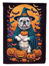 Load image into Gallery viewer, White English Bulldog Witchy Halloween Garden Flag – Witch Dog with Pumpkins, Bats &amp; Jack-o'-Lanterns