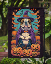 Load image into Gallery viewer, English Bulldog Witchy Halloween Garden Flag – Witch Dog with Pumpkins, Bats &amp; Jack-o'-Lanterns