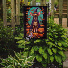 Load image into Gallery viewer, Chihuahua Witchy Halloween Garden Flag – Witch Dog with Pumpkins, Bats &amp; Jack-o'-Lanterns