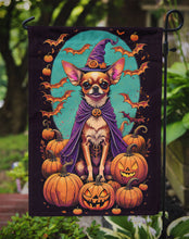 Load image into Gallery viewer, Chihuahua Witchy Halloween Garden Flag – Witch Dog with Pumpkins, Bats &amp; Jack-o'-Lanterns