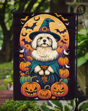 Load image into Gallery viewer, Coton De Tulear Witchy Halloween Garden Flag – Witch Dog with Pumpkins, Bats &amp; Jack-o'-Lanterns