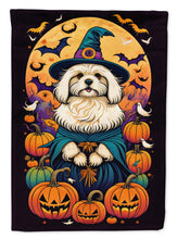Load image into Gallery viewer, Coton De Tulear Witchy Halloween Garden Flag – Witch Dog with Pumpkins, Bats &amp; Jack-o'-Lanterns