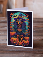 Load image into Gallery viewer, Longhair Black and Tan Dachshund Witchy Halloween Greeting Cards -  Blank Note Cards – 8-Pack of Artist-Designed Cards with Envelopes
