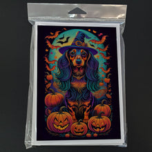 Load image into Gallery viewer, Longhair Black and Tan Dachshund Witchy Halloween Greeting Cards -  Blank Note Cards – 8-Pack of Artist-Designed Cards with Envelopes