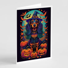 Load image into Gallery viewer, Longhair Black and Tan Dachshund Witchy Halloween Greeting Cards -  Blank Note Cards – 8-Pack of Artist-Designed Cards with Envelopes