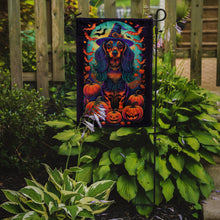 Load image into Gallery viewer, Longhair Black and Tan Dachshund Witchy Halloween Garden Flag – Witch Dog with Pumpkins, Bats &amp; Jack-o'-Lanterns