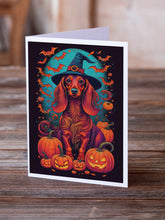 Load image into Gallery viewer, Longhair Dachshund Witchy Halloween Greeting Cards -  Blank Note Cards – 8-Pack of Artist-Designed Cards with Envelopes