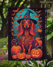 Load image into Gallery viewer, Longhair Dachshund Witchy Halloween Garden Flag – Witch Dog with Pumpkins, Bats &amp; Jack-o'-Lanterns