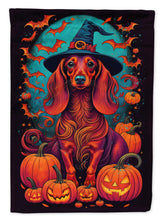 Load image into Gallery viewer, Longhair Dachshund Witchy Halloween Garden Flag – Witch Dog with Pumpkins, Bats &amp; Jack-o'-Lanterns