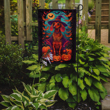 Load image into Gallery viewer, Dachshund Witchy Halloween Garden Flag – Witch Dog with Pumpkins, Bats &amp; Jack-o'-Lanterns